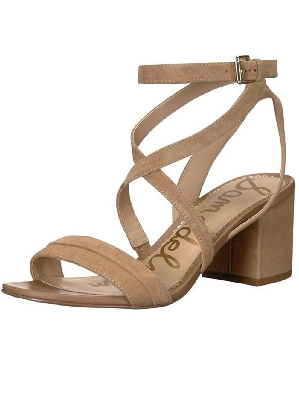 Sam Edelman Nude Tan Suede Crisscross Ankle Strap Block Heel